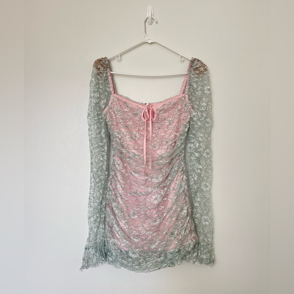 Pink and Green Lace Mini Dress